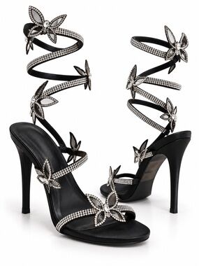 Wild Diva Lounge Size 9 Black Rhinestone Butterfly Wrap Stiletto Heels